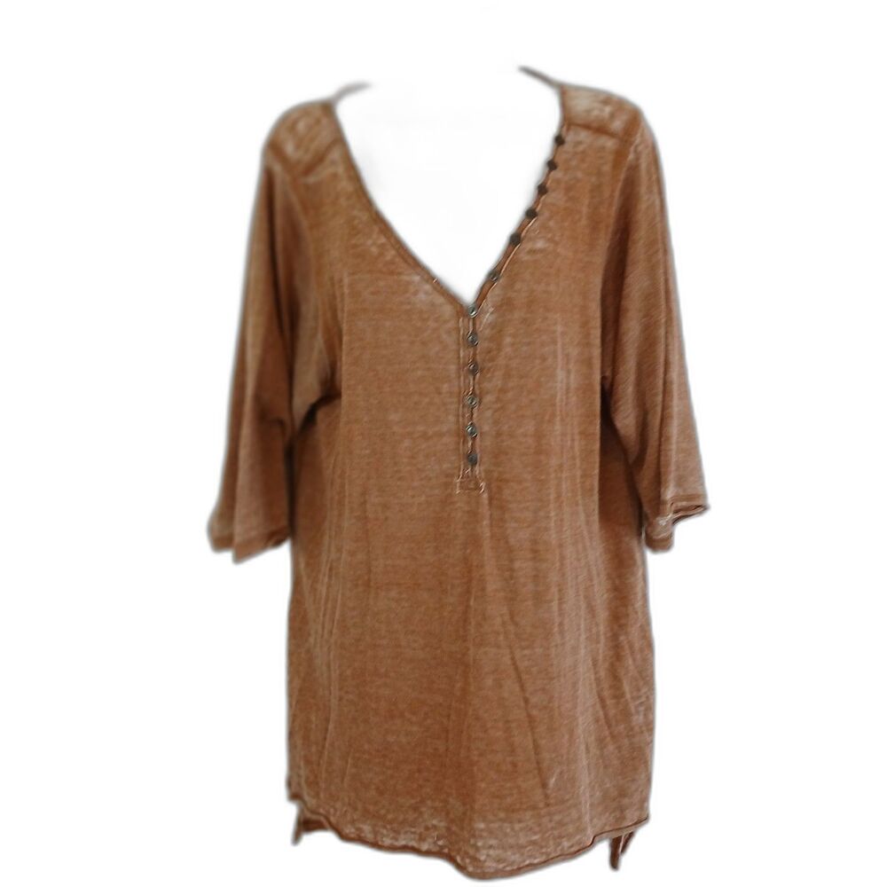 We The Free People Top brown Burnout Flowy Henley Scoop Neckline